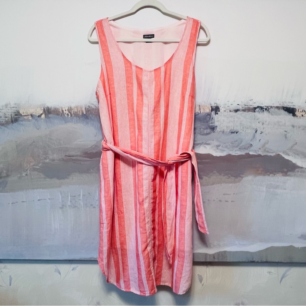 EDDIE BAUER Striped Sleeveless LINEN Blend Dress Tie Waist Orange White Womens L
